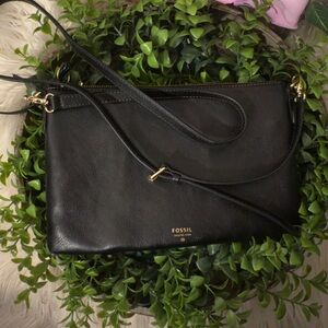 Fossil Black Leather Crossbody Bag with Gold Accents